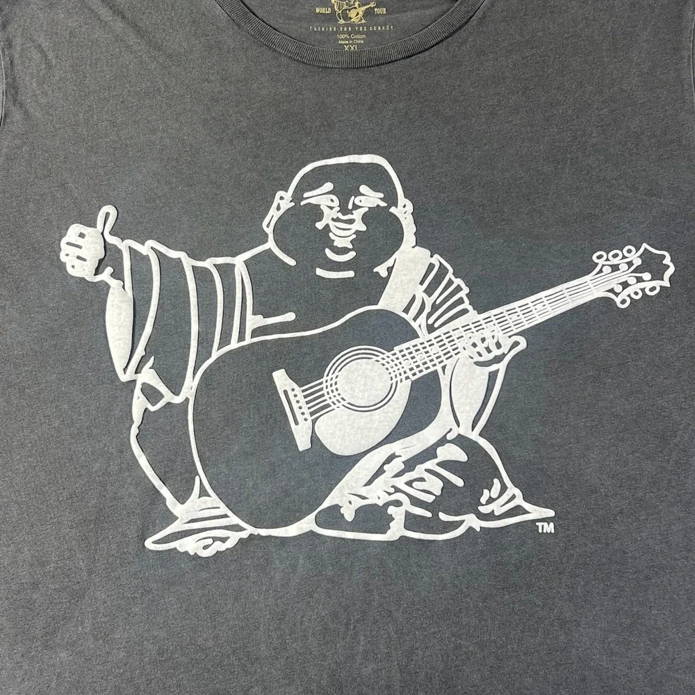 True Religion Graphic T-Shirt Buddha Guitar Logo Gray Men's Size 2XL VTG‎ NWT